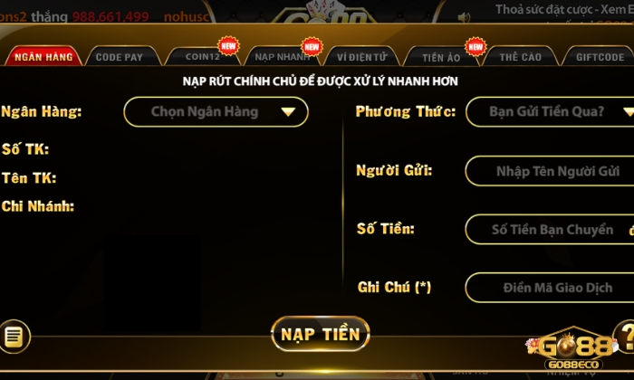 Nạp tiền vào Go88